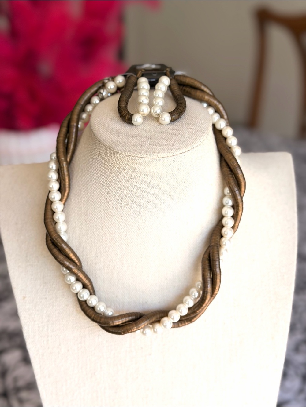 Taramanda Faux Pearl Bronze Tone Multi Strand Necklace & Earrings Set